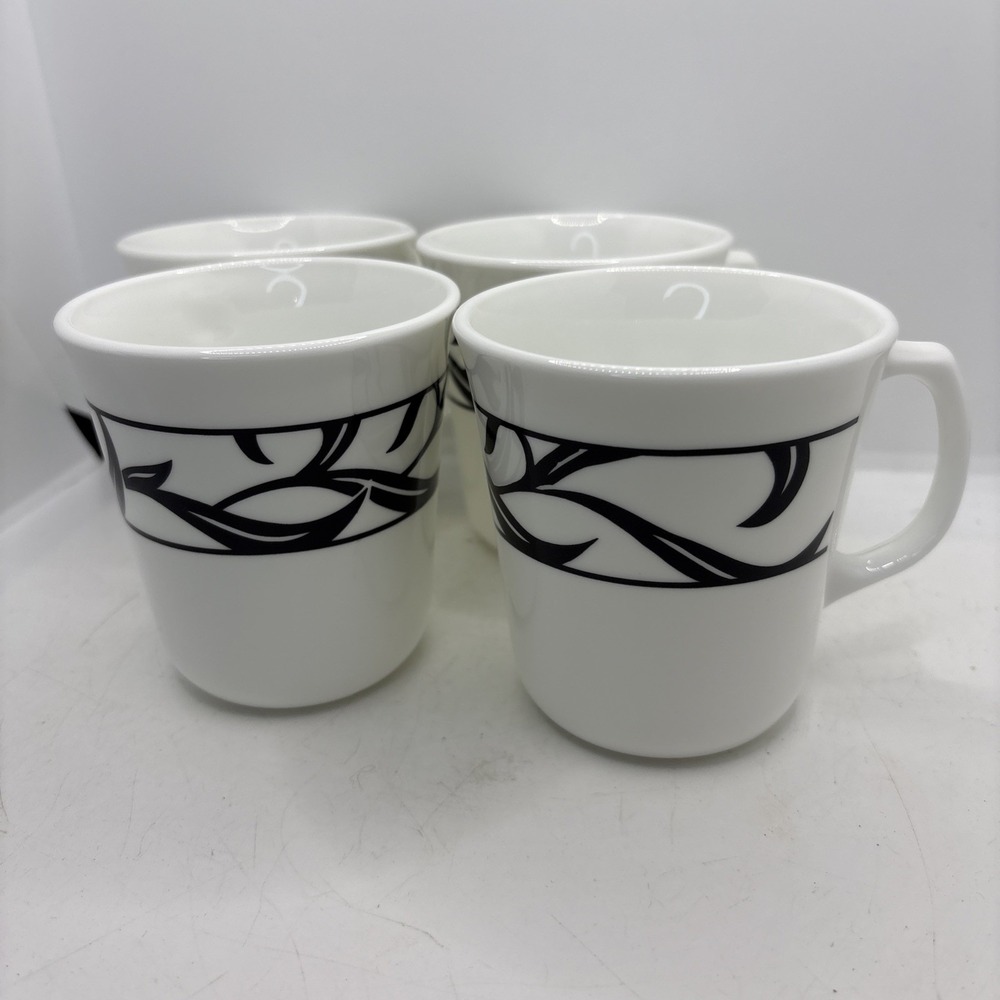 CORELLE Corning Ware LYRICS BLACK‎ White Set of 4 COFFEE TEA MUGS Cups